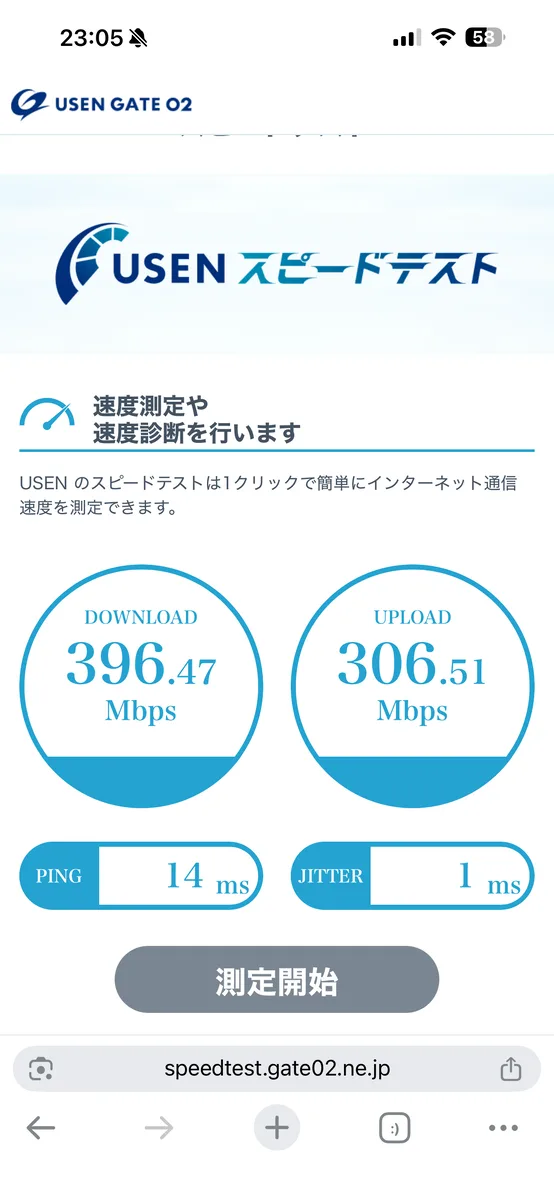 WXR9300BE6P/N導入後リビングのスピードテスト（下り396Mbps・上り306Mbps）