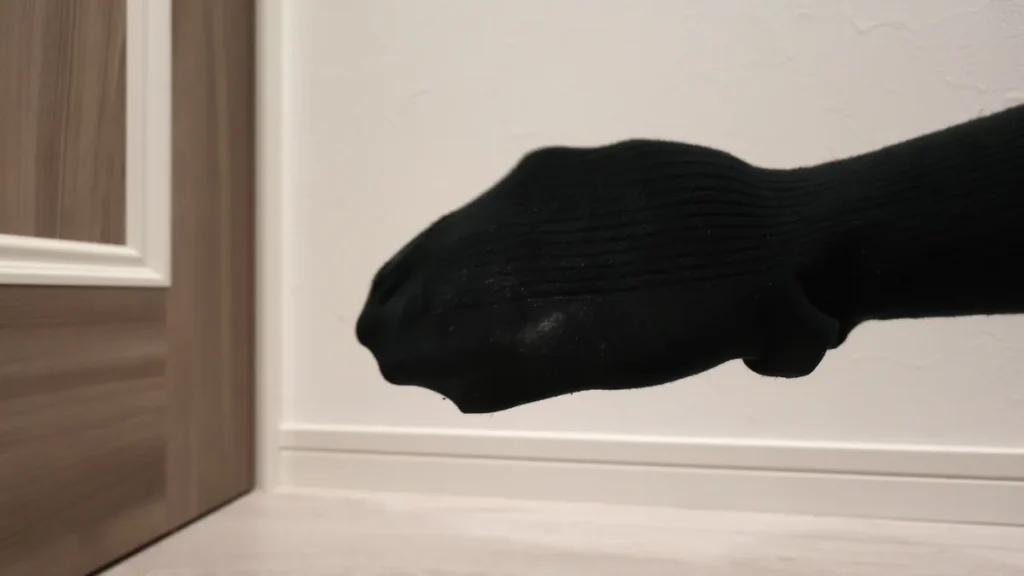 黒い靴下にパウダーを揉み込んだ直後の様子